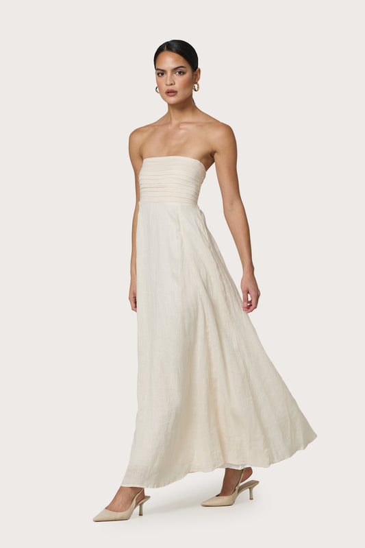 TALIA PINTUCK LINEN MAXI DRESS - IVORY