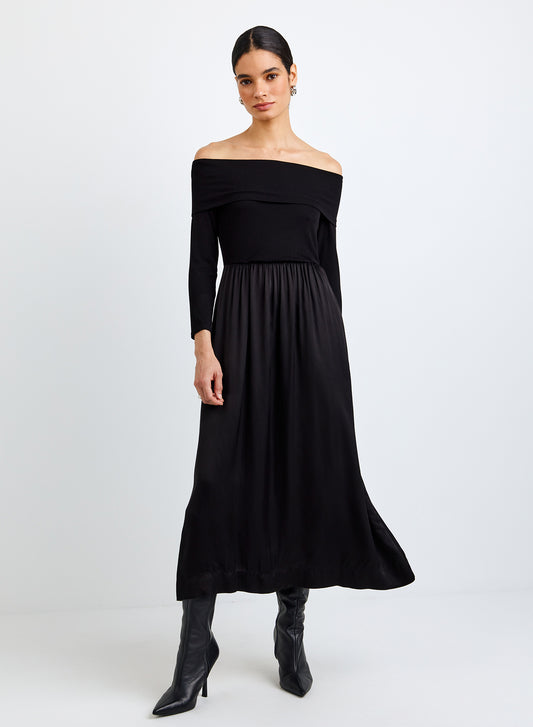 BRACELET LENGTH OFF SHOULDER DRESS - BLACK