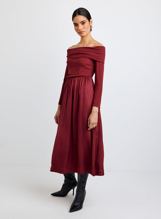 BRACELET LENGTH OFF SHOULDER DRESS - CABERNET RED