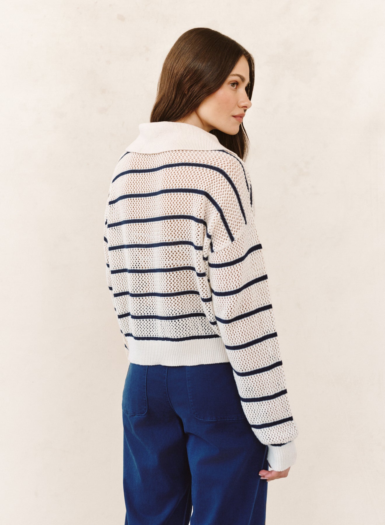 TASSEL TIE OPEN KNIT SWEATER - INK STRIPE