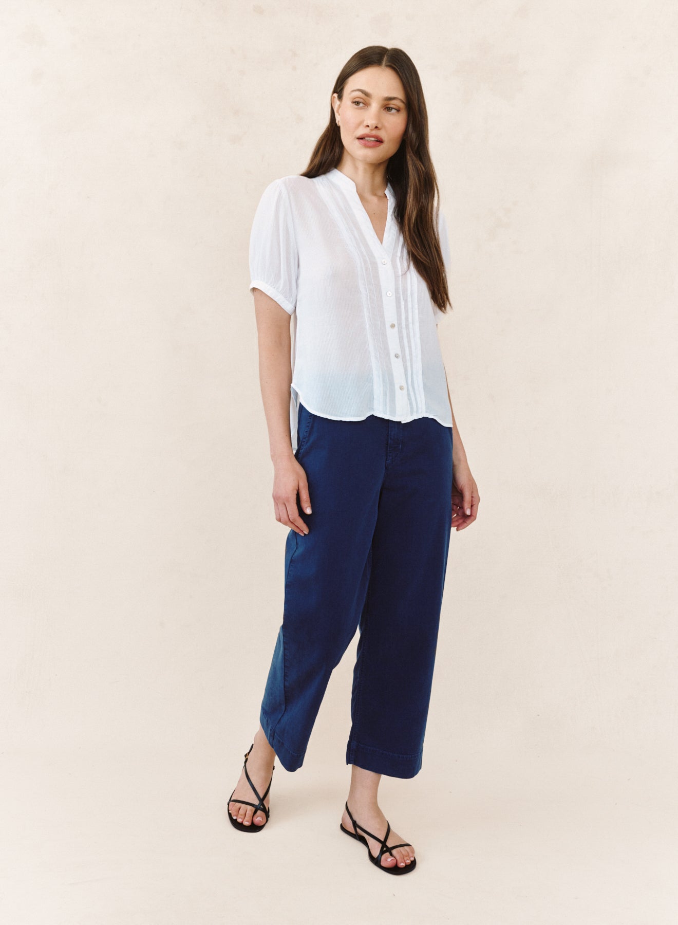 SHORT SLEEVE PINTUCK SHIRT - WHITE