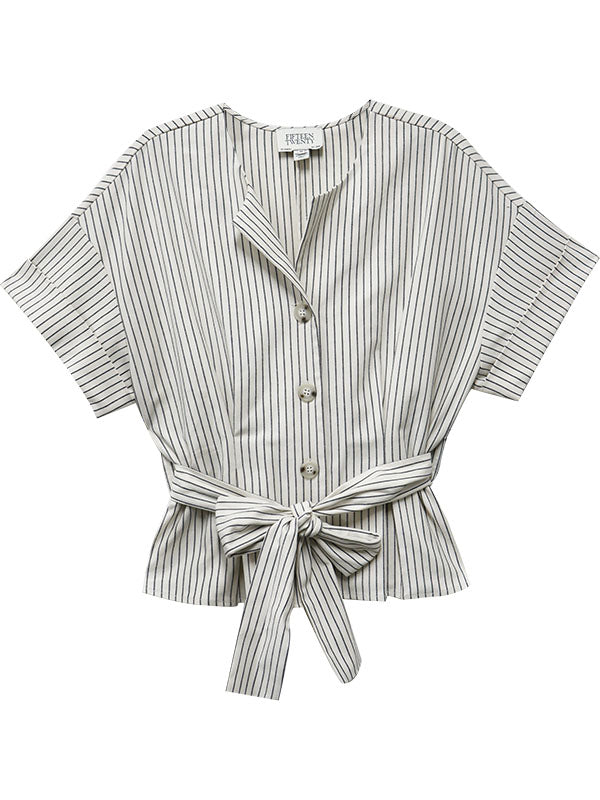 BELTED BUTTON UP TOP - CREAM/BLACK