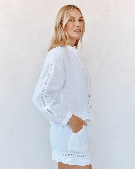 MANDARIN COLLAR TRIMMED BUTTON DOWN - WHITE