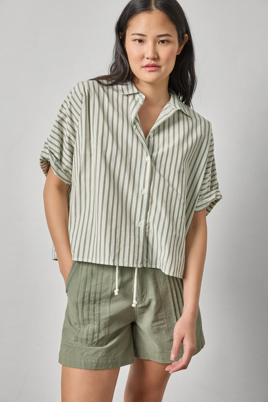 STRIPED OVERSIZED BUTTON DOWN DOLMAN - POOL STRIPE