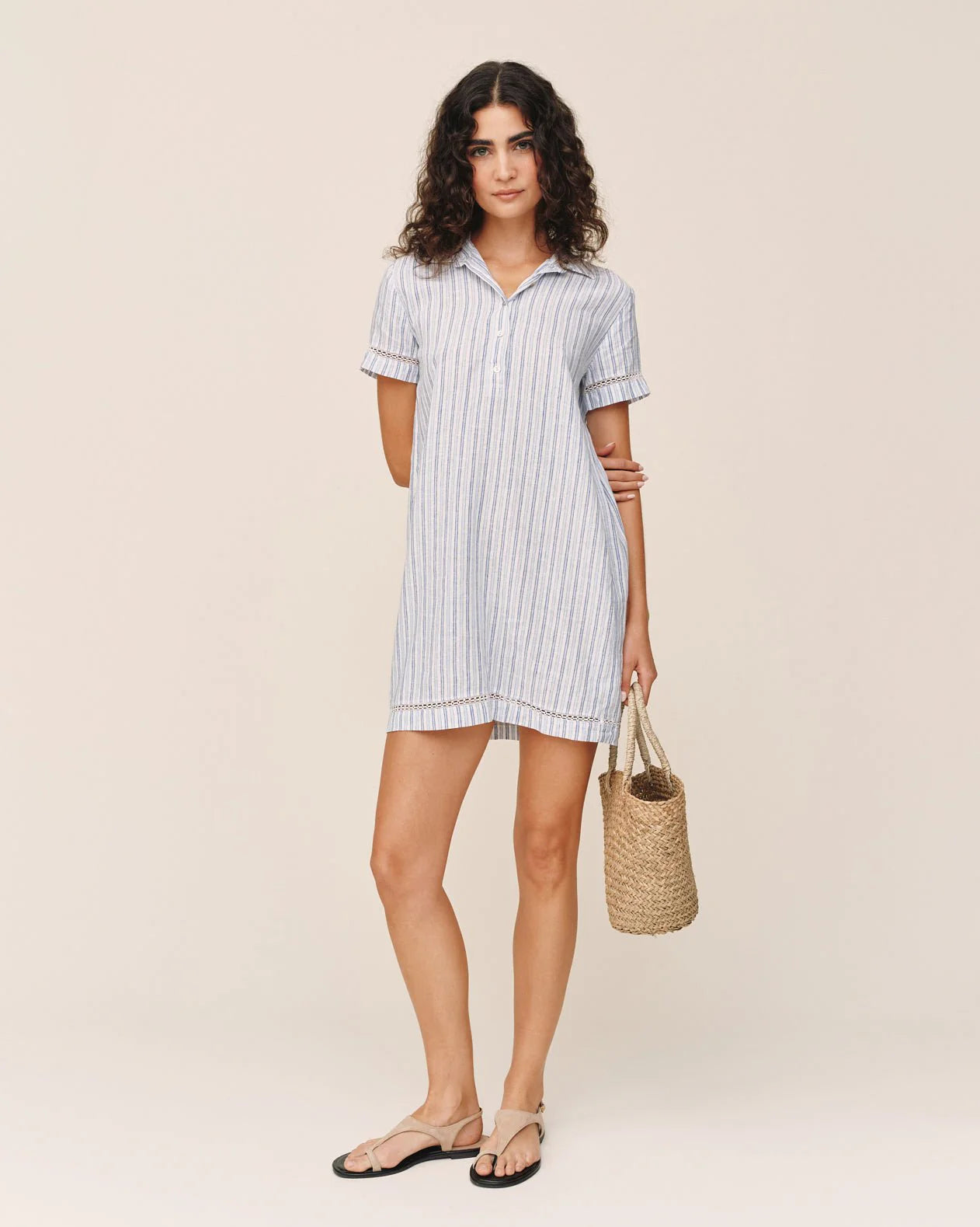 SHORT SLEEVE PULLOVER SHIRT DRESS - OCEAN BLUE STRIPE