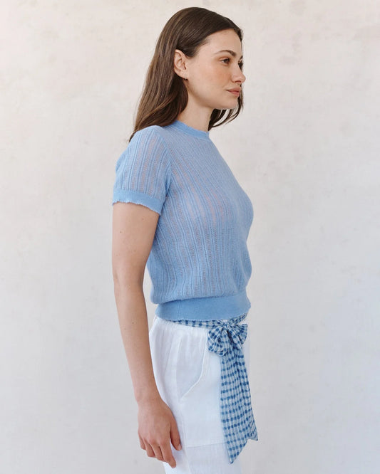 SHORT SLEEVE SWEATER TOP - SOFT BLUE