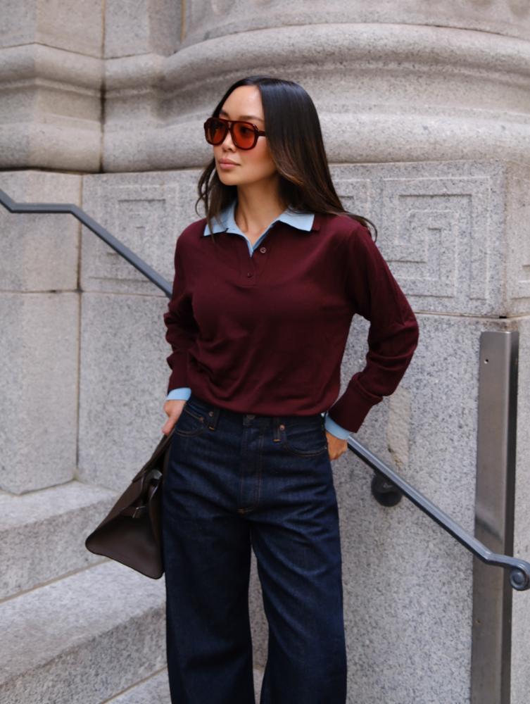 SUPERFINE MERINO LAYERED POLO - BLACK CHERRY / LIGHT BLUE