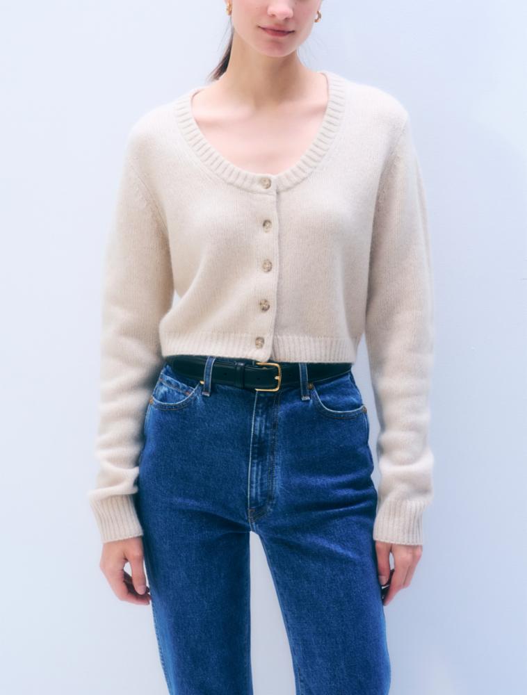 CASHMERE SCOOP CROPPED CARDIGAN - NATURAL HEATHER