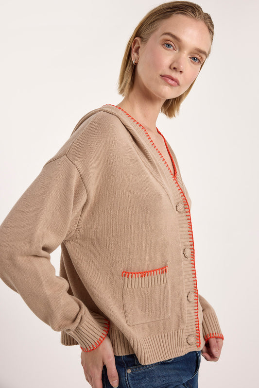 HALSEY HOODED CARDI - LIGHT BROWN/POPPY