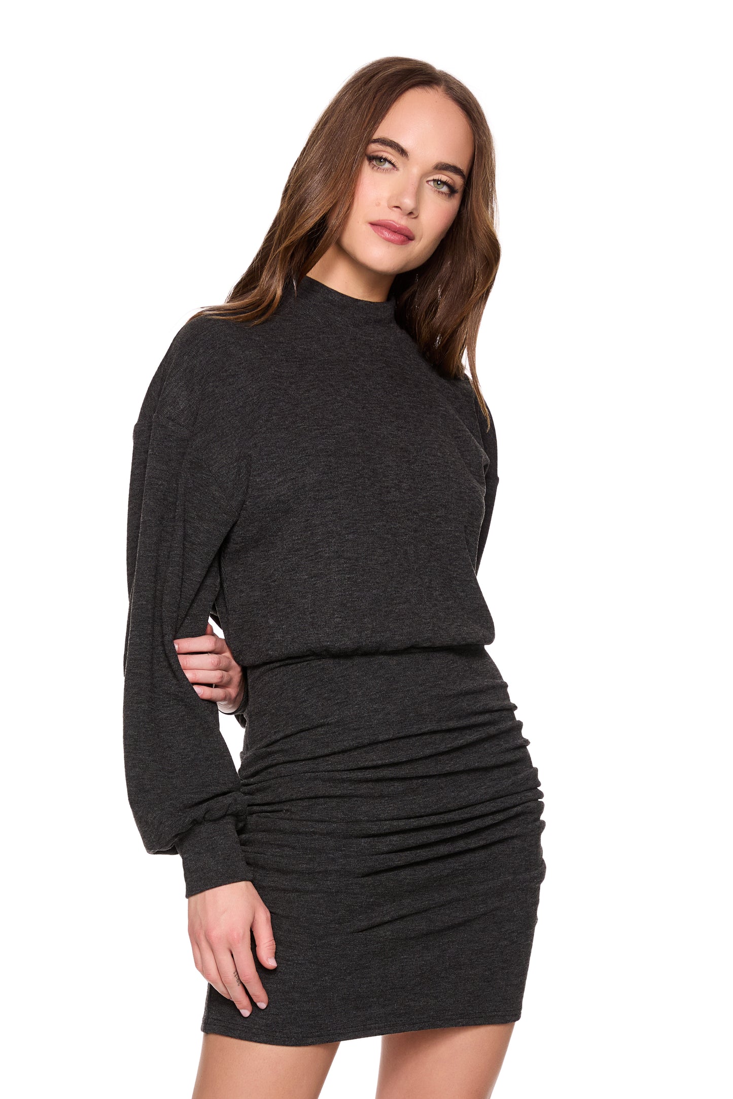 FLEECE MOCK GATHERED DRESS 17" - ROCK