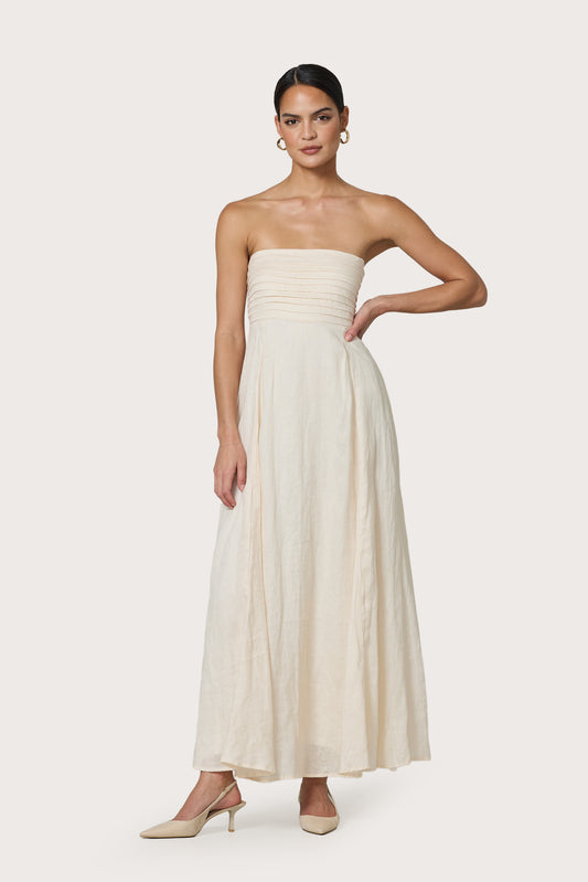 TALIA PINTUCK LINEN MAXI DRESS - IVORY