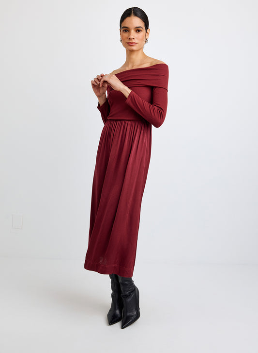 BRACELET LENGTH OFF SHOULDER DRESS - CABERNET RED