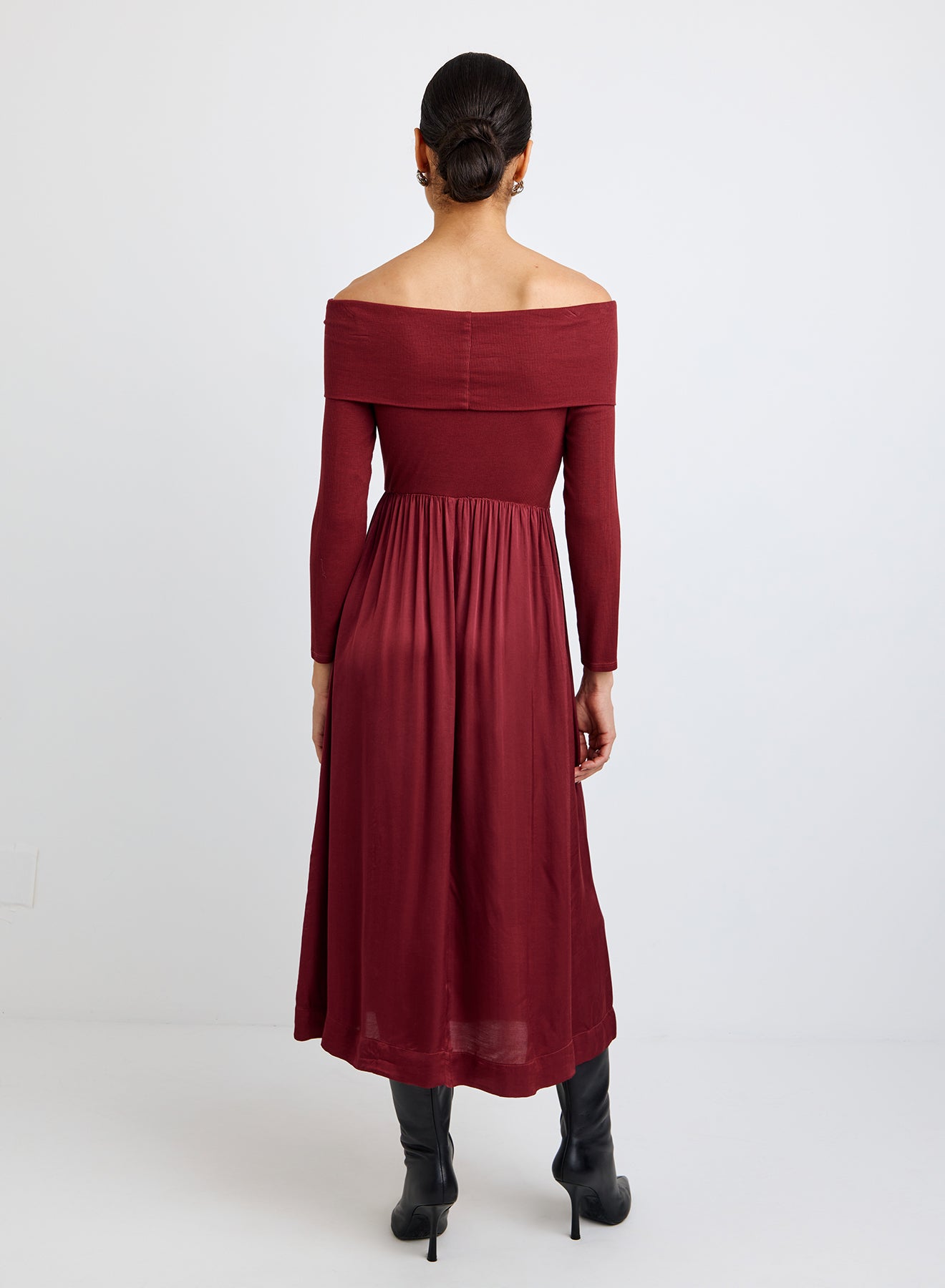BRACELET LENGTH OFF SHOULDER DRESS - CABERNET RED