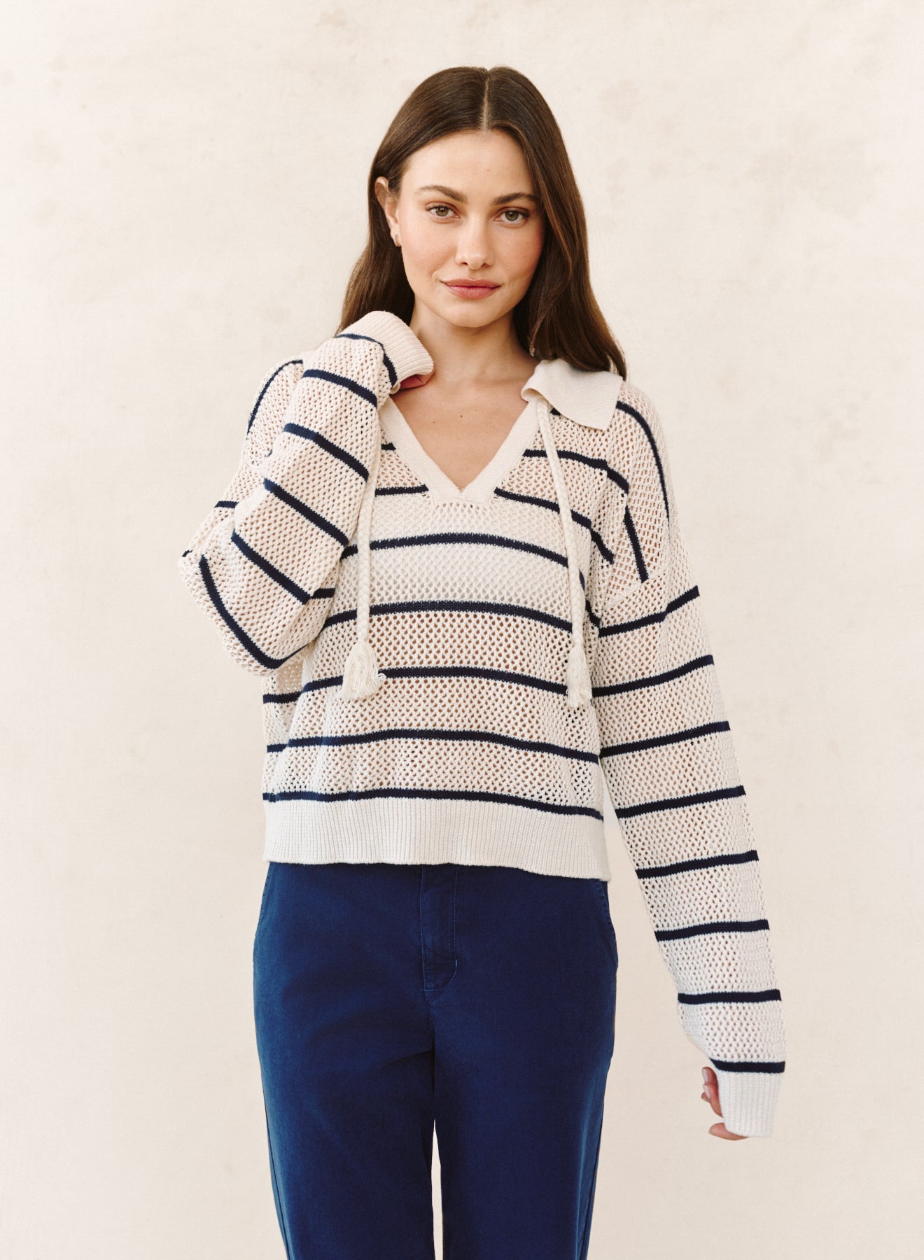 TASSEL TIE OPEN KNIT SWEATER - INK STRIPE