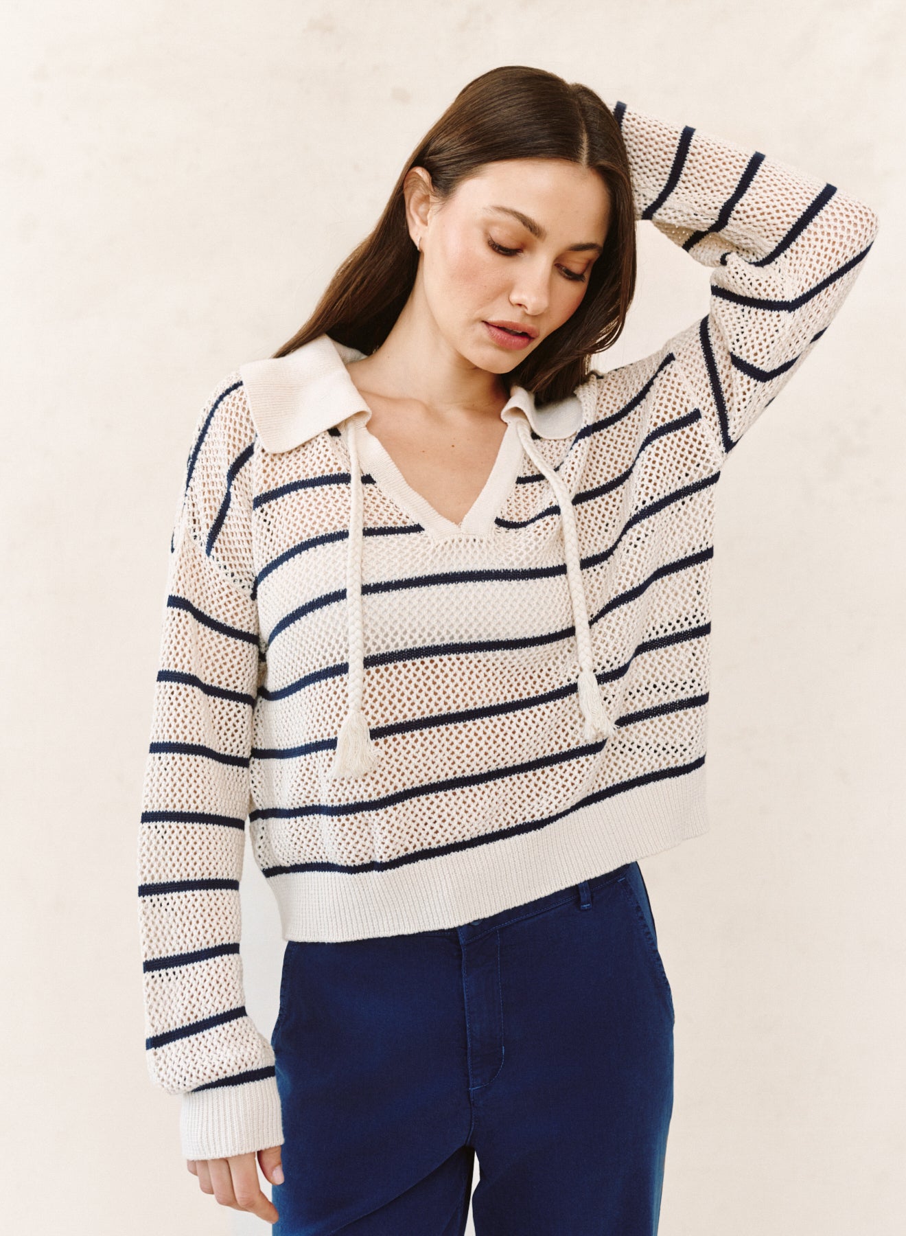TASSEL TIE OPEN KNIT SWEATER - INK STRIPE