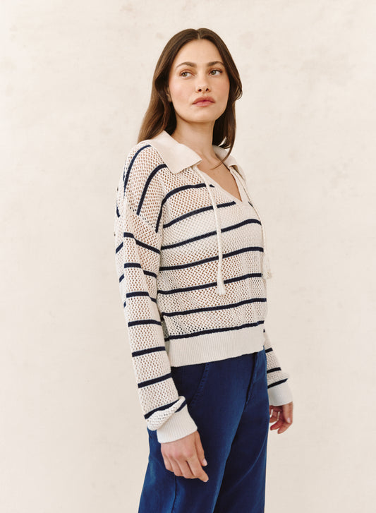 TASSEL TIE OPEN KNIT SWEATER - INK STRIPE