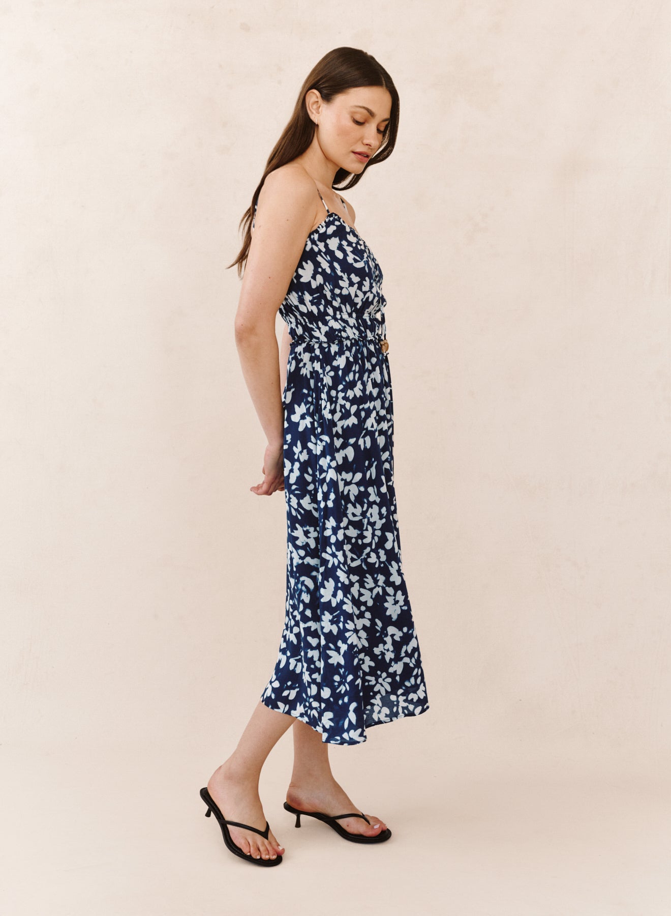 ELASTIC WAIST MIDI DRESS - INDIGO BLOOM PRINT