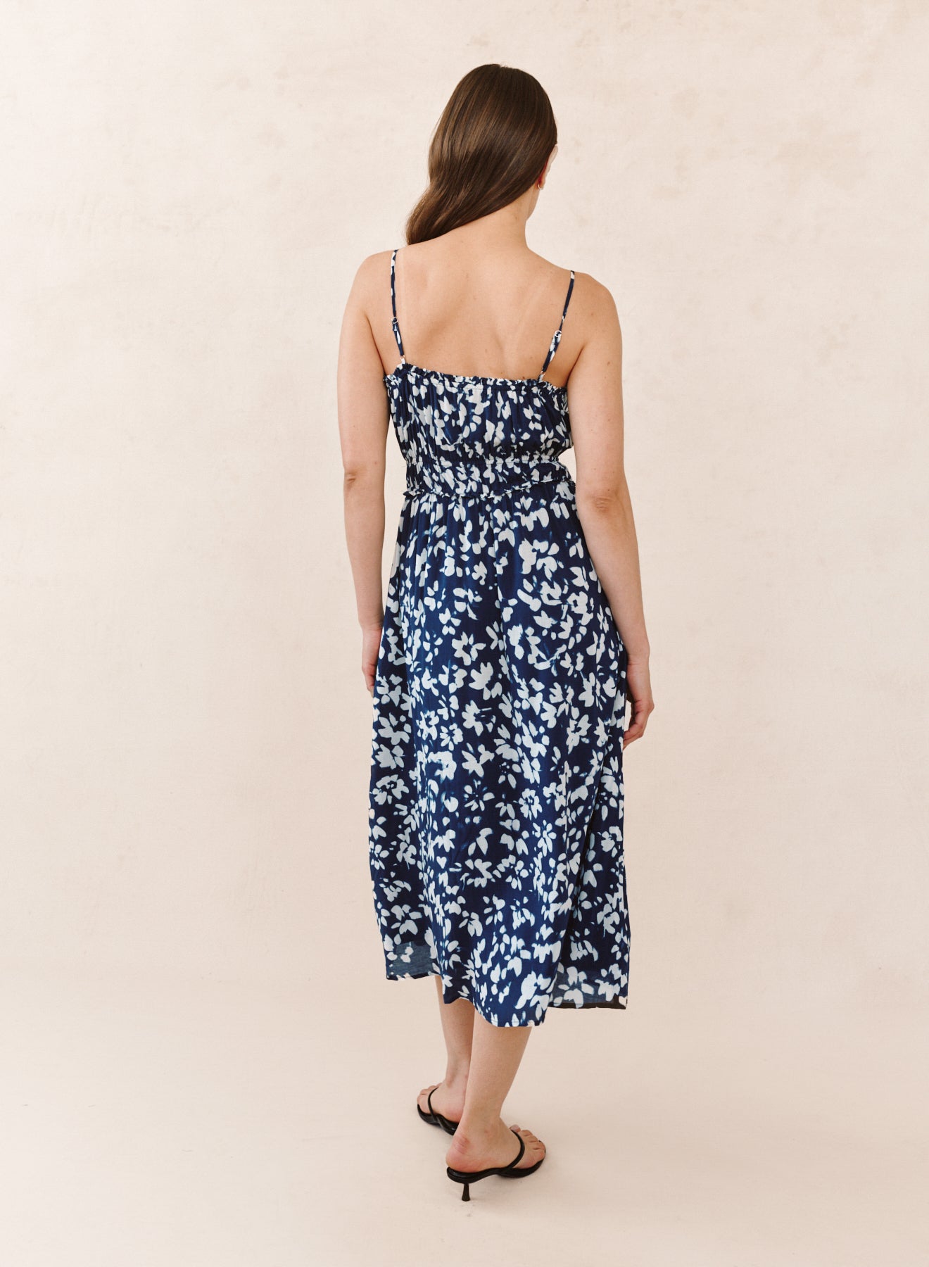 ELASTIC WAIST MIDI DRESS - INDIGO BLOOM PRINT