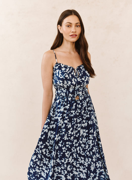 ELASTIC WAIST MIDI DRESS - INDIGO BLOOM PRINT