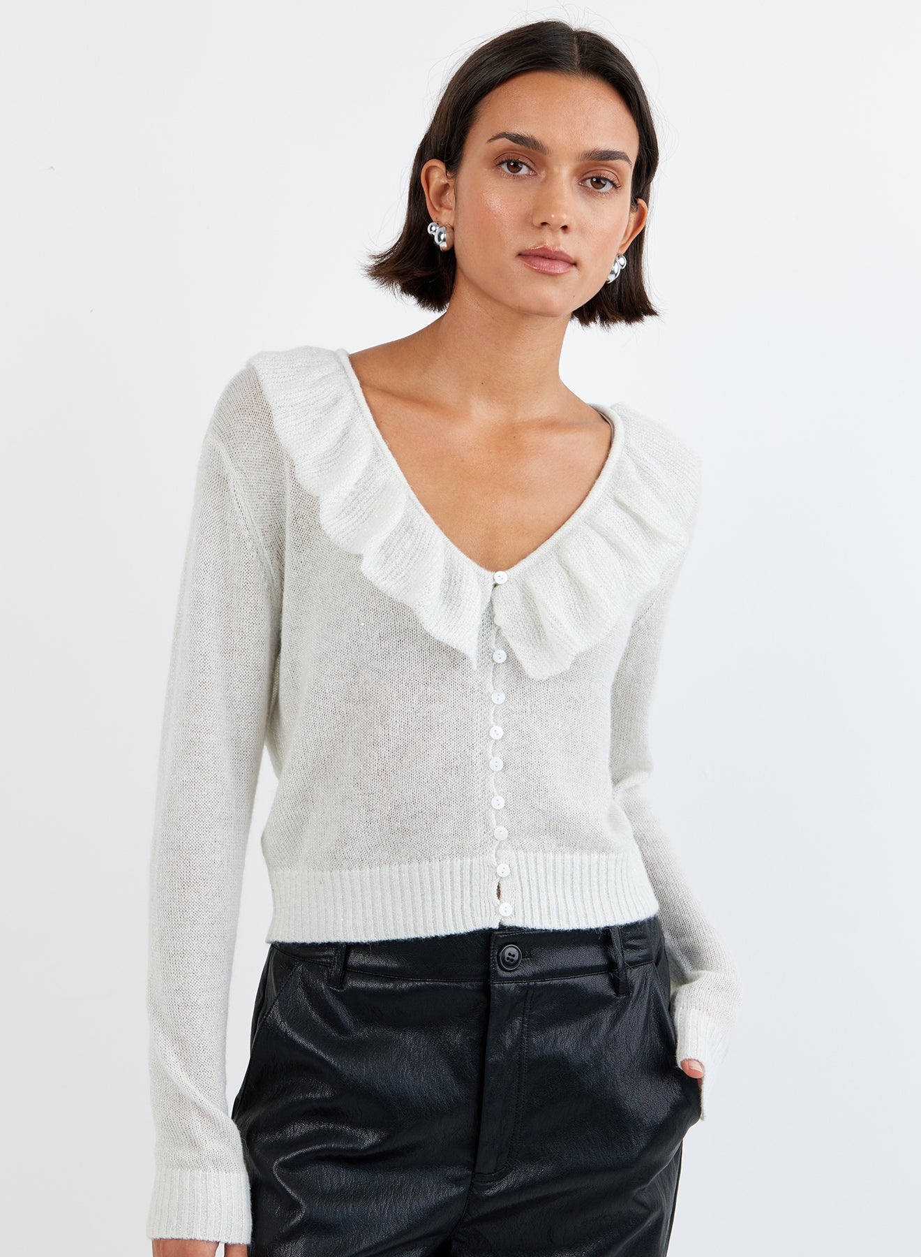 V-NECK RUFFLE CARDIGAN - ICY WHITE