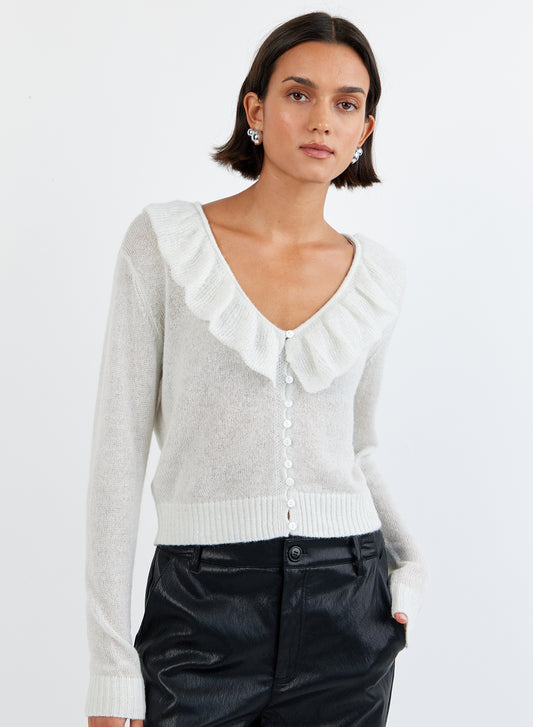 V-NECK RUFFLE CARDIGAN - ICY WHITE
