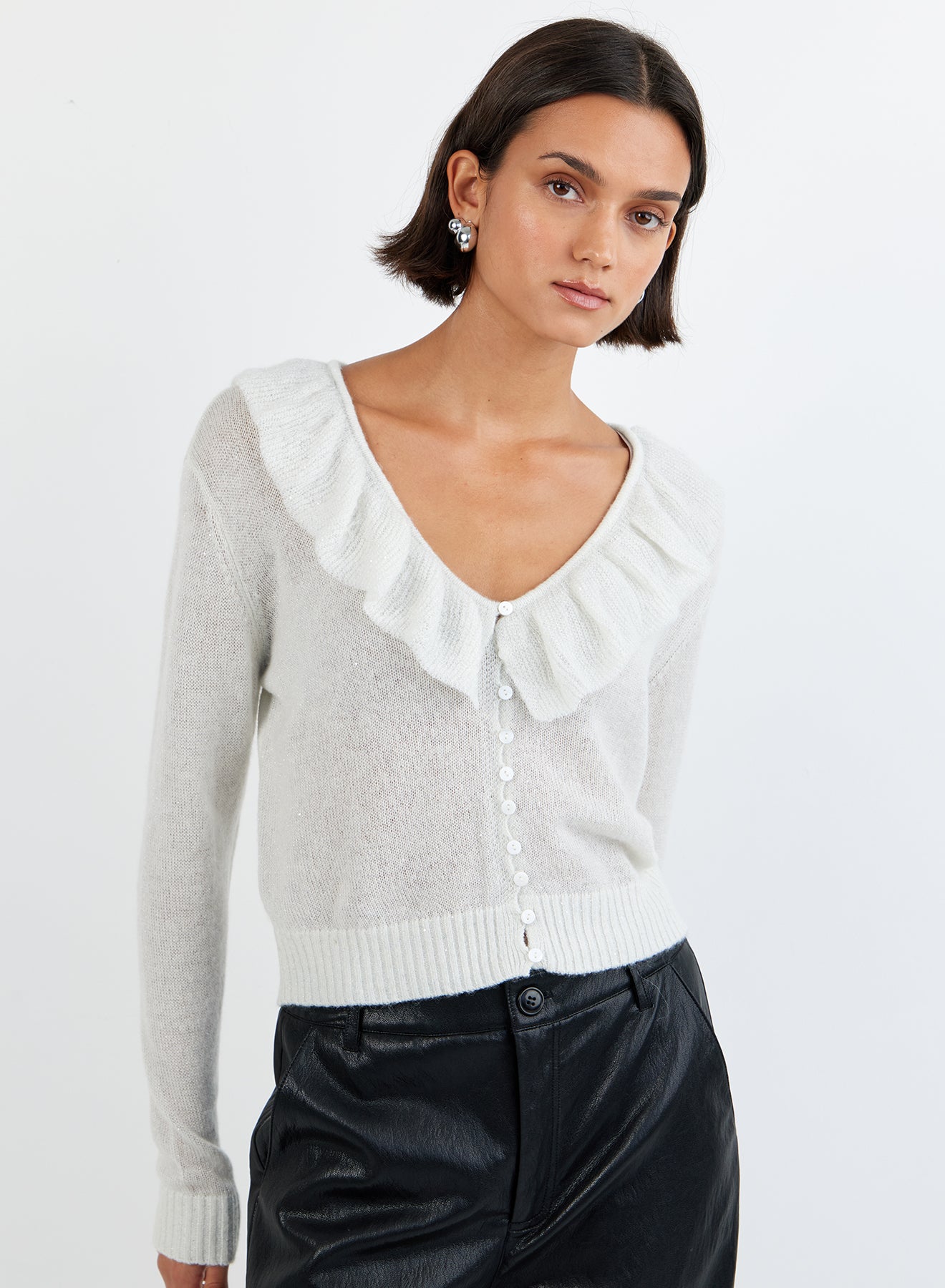 V-NECK RUFFLE CARDIGAN - ICY WHITE