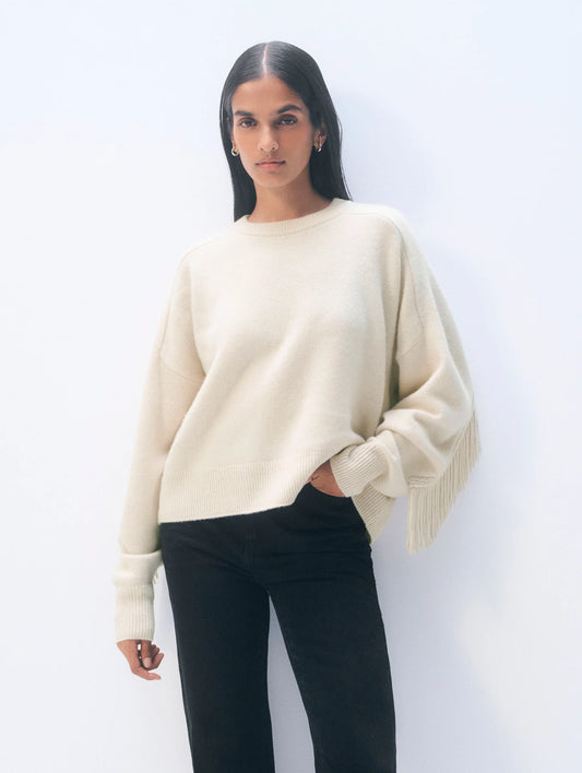 CASHMERE BLEND LUXE FRINGE CREW - IVORY