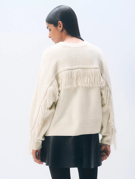 CASHMERE BLEND LUXE FRINGE CREW - IVORY