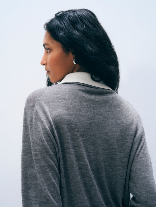 SUPERFINE MERINO LAYEREDPOLO - PEWTER HEATHER / WHITE TRIM