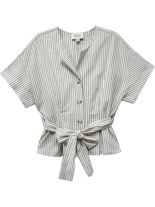 BELTED BUTTON UP TOP - CREAM/BLACK