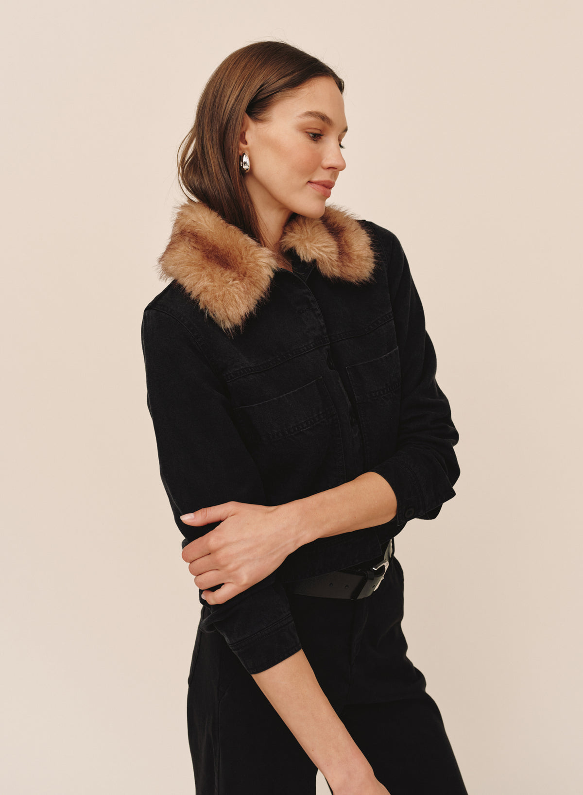 FUR COLLAR JACKET - VINTAGE BLACK WASH