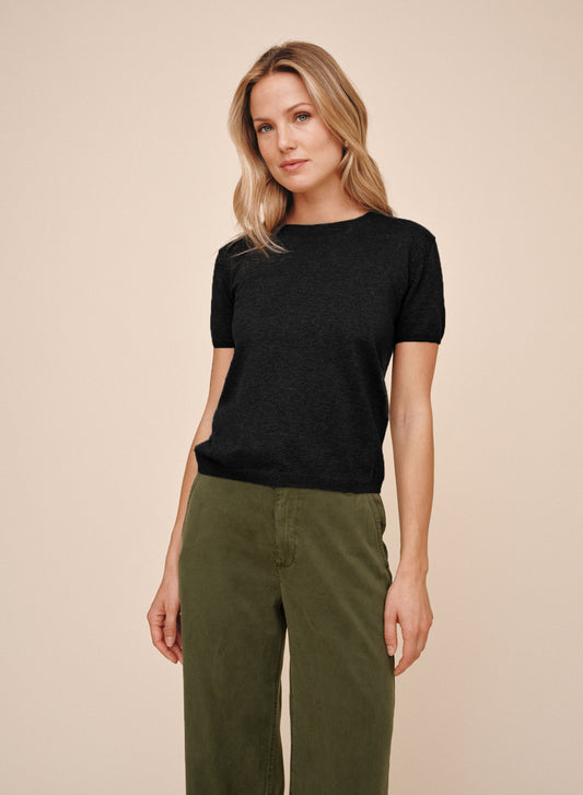 SHORT SLEEVE CREW NECK KNIT TOP - VINTAGE BLACK
