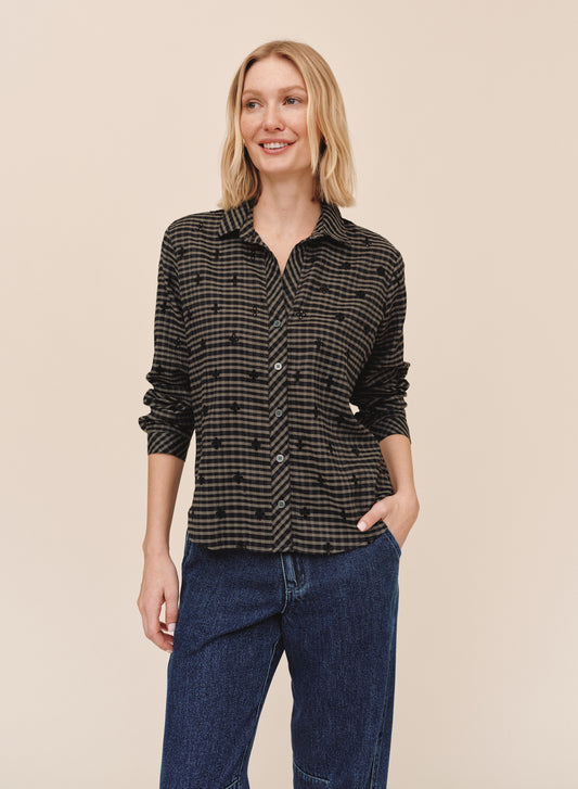 LONG SLEEVE CLEAN BUTTON DOWN SHIRT - BLACK/OLIVE GINGHAM