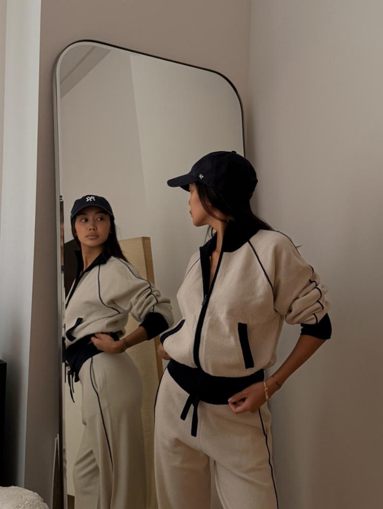 CASHMERE BLEND TRACK JACKET - IVORY/NAVY