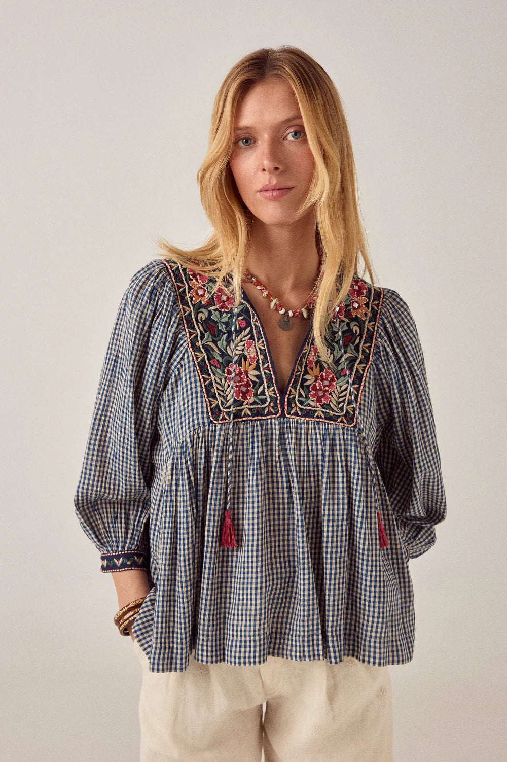 GINGHAM BLOOM APRIL BLOUSE - BLEU PICNIC