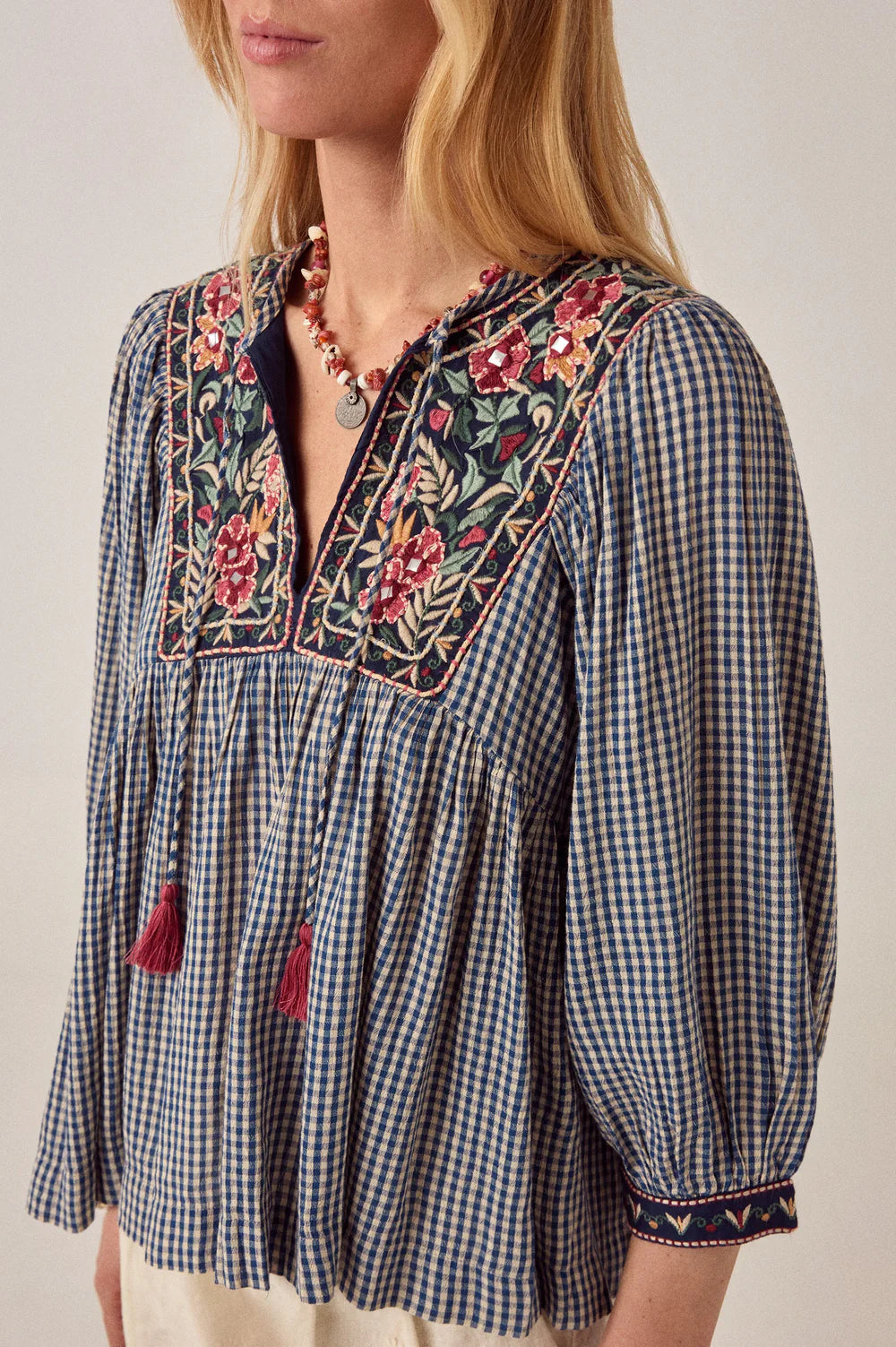 GINGHAM BLOOM APRIL BLOUSE - BLEU PICNIC