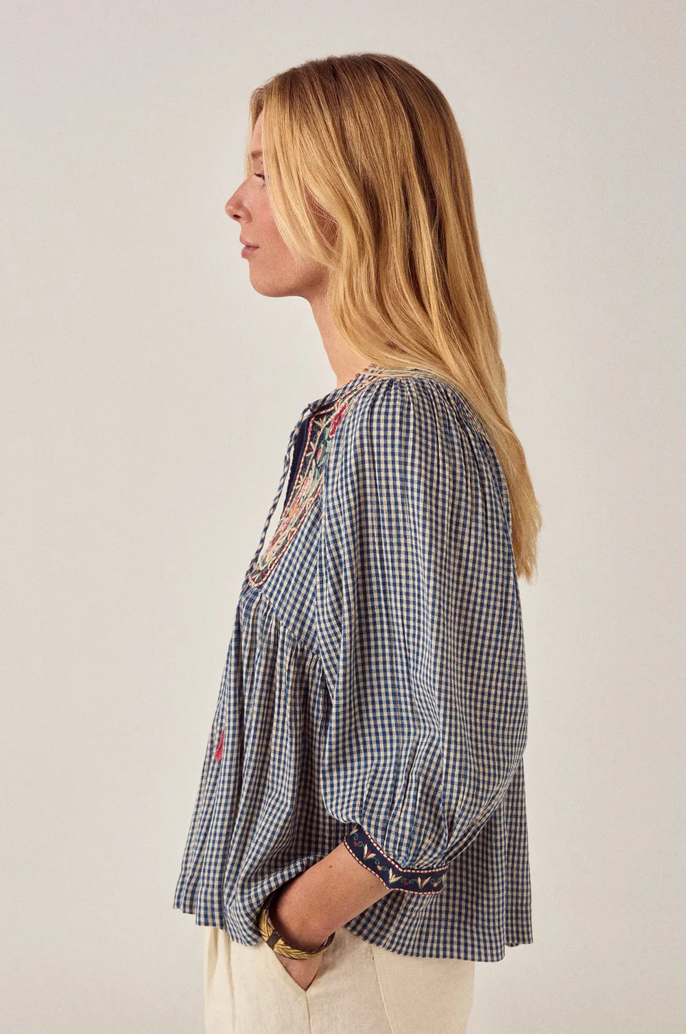 GINGHAM BLOOM APRIL BLOUSE - BLEU PICNIC