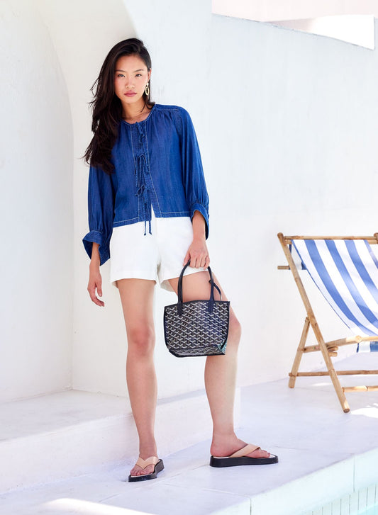 CASSIE LANTERN SLEEVE TOP - CHAMBRAY