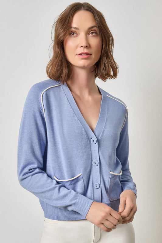 SADDLE SLEEVE V-NECK CARDIGAN - CORNFLOWER