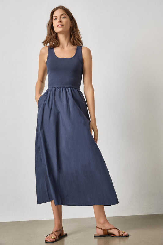 MIXED MEDIA SCOOP NECK DRESS - NAVY