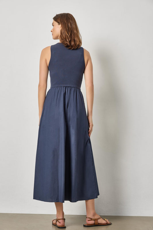 MIXED MEDIA SCOOP NECK DRESS - NAVY