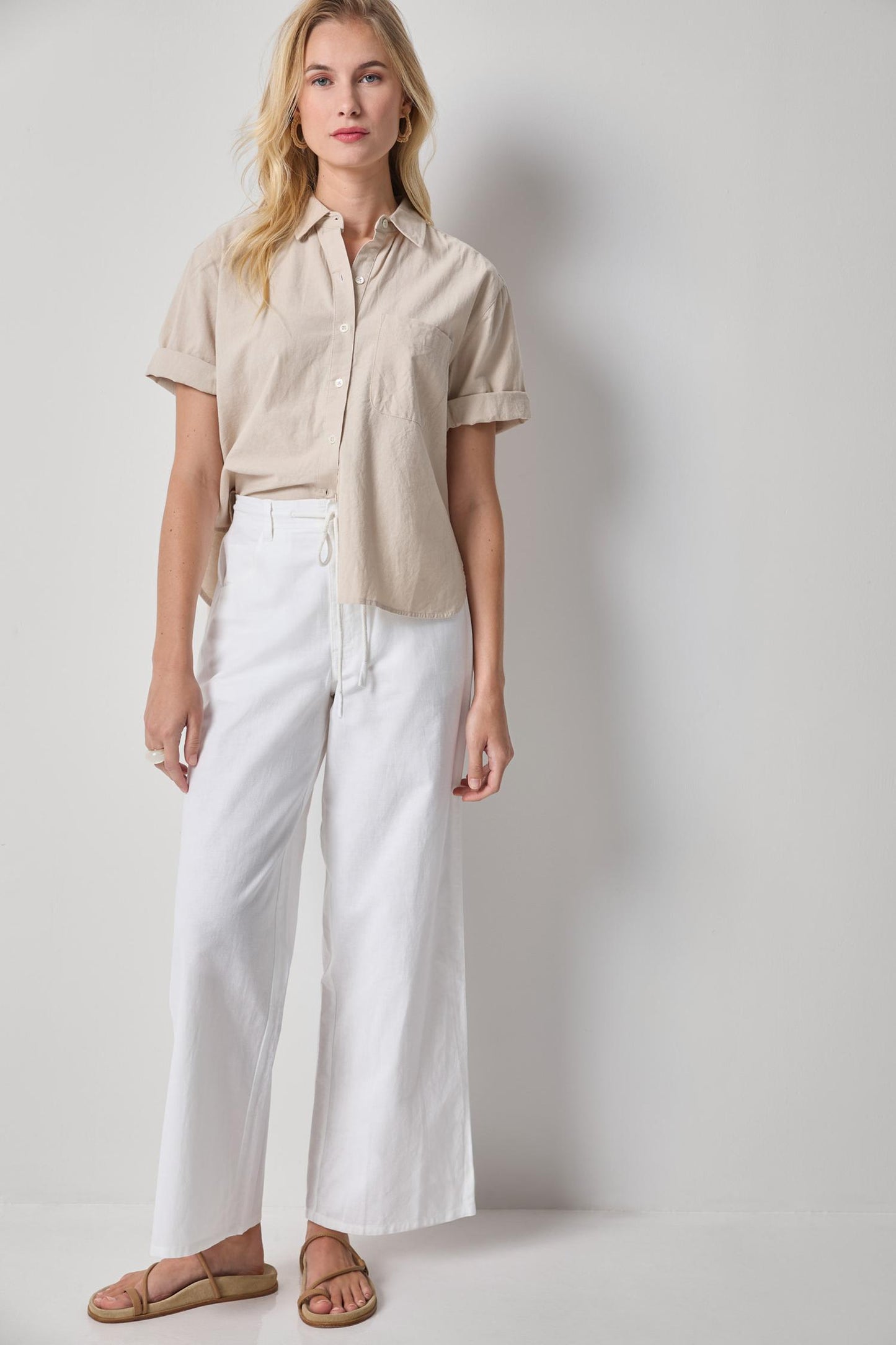 LINEN BLEND STRAIGHT LEG PANT - WHITE