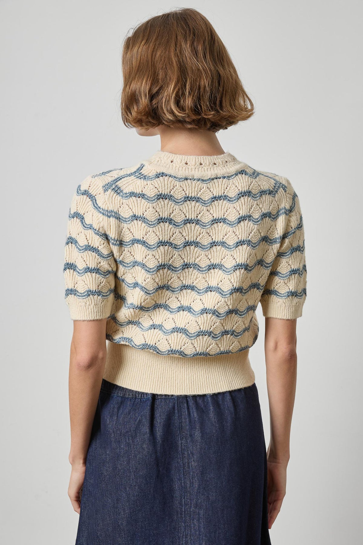 SHORT SLEEVE MULTISTITCH PULLOVER SWEATER (WINTER WHITE STRIPE)