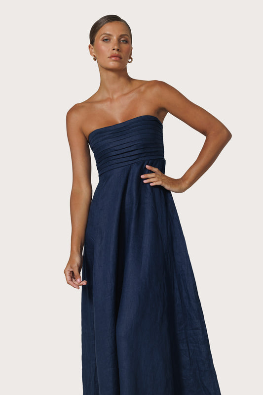 TALIA PINTUCK LINEN MAXI DRESS - NAVY