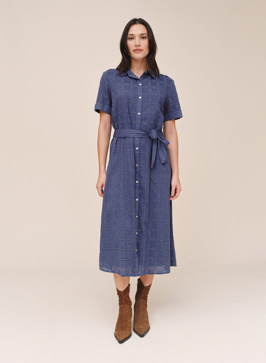 SHORT SLEEVE MIDI SHIRT DRESS - INDIGO BLUES