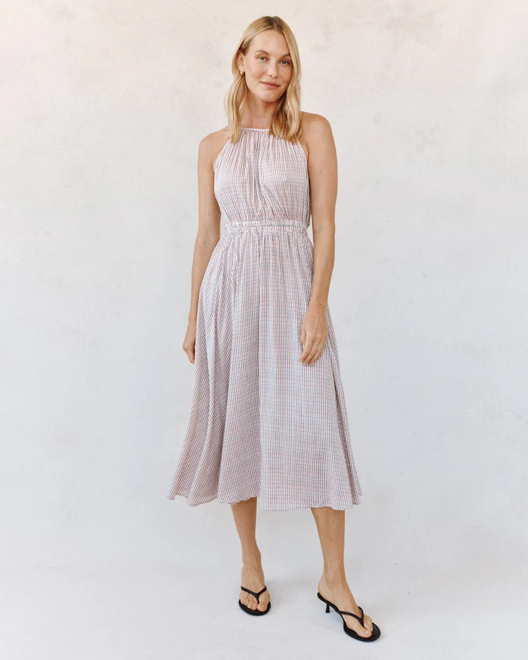 CUT OUT BACK MIDI HALTER DRESS - SUNWASHED CHECK