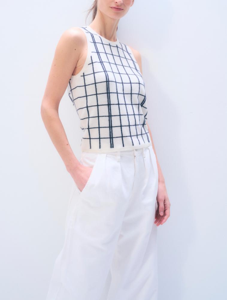 CASHMERE WINDOWPANE VEST - SOFT WHITE / DEEP NAVY GRID