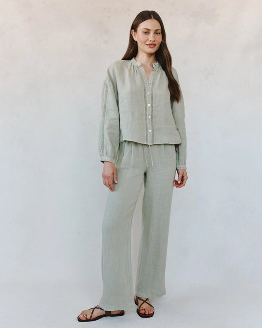 MANDARIN COLLAR TRIMMED BUTTON DOWN - GREEN TEA