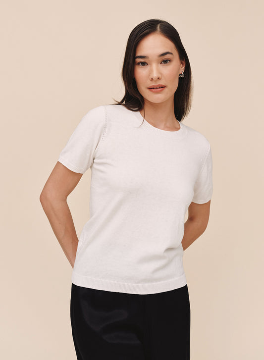 SHORT SLEEVE CREW NECK KNIT TOP - IVORY