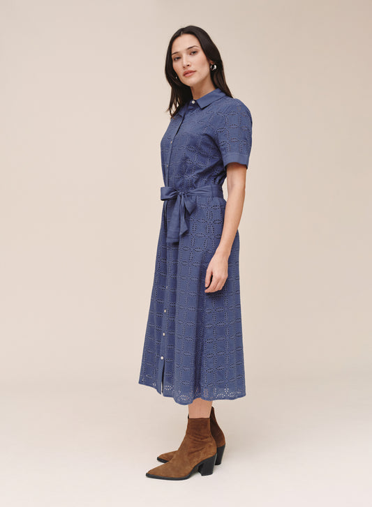 SHORT SLEEVE MIDI SHIRT DRESS - INDIGO BLUES
